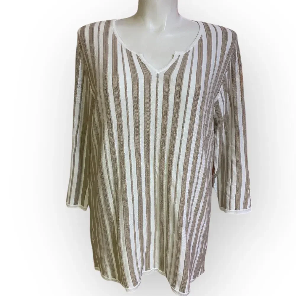 Chicos Vertical Stripe Sweater White Tan Size 4 (XXL Size 20)